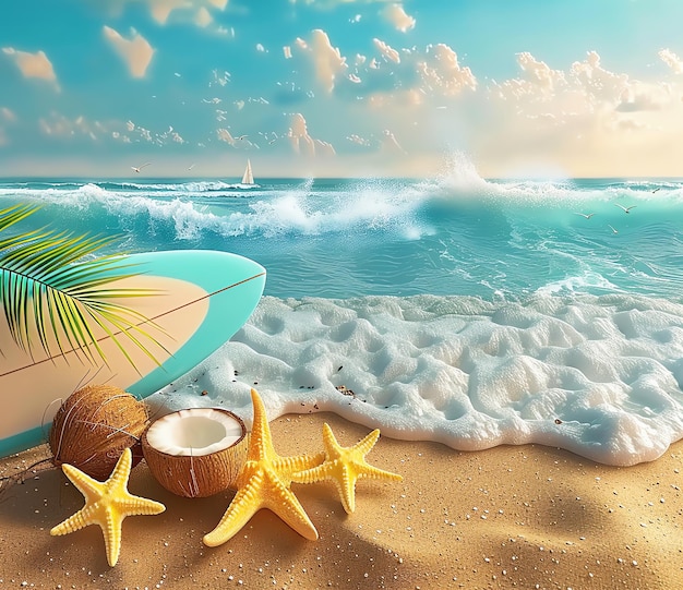 a beach scene with a surfboard and starfish on the sand