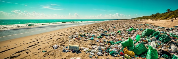 Beach scene with trash scattered across the sand leading up to the ocean