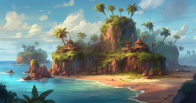 A beach scene with a tropical island and palm trees.