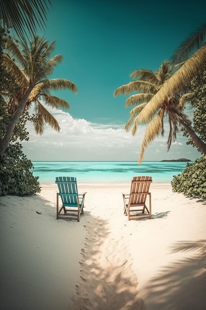 A beach scene with two chairs on the sand and palm trees.