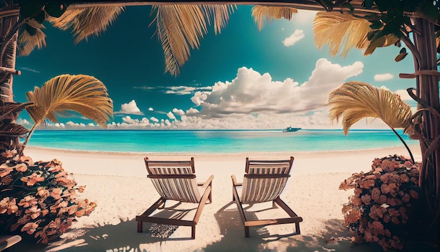 A beach scene with two empty chairs on the beach and the sky is blue.