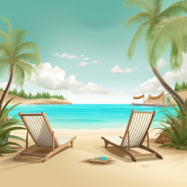 A beach scene with two empty chairs and palm trees.