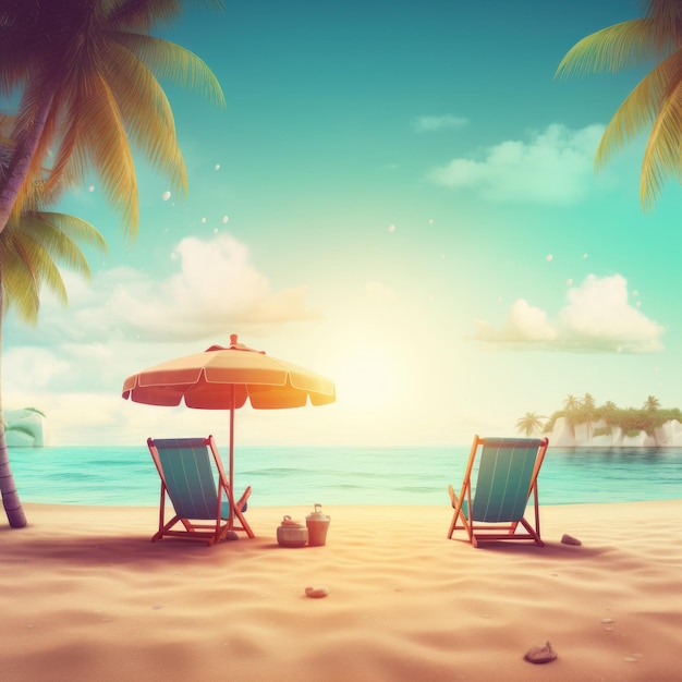 A beach scene with two empty chairs and an umbrella on the beach.