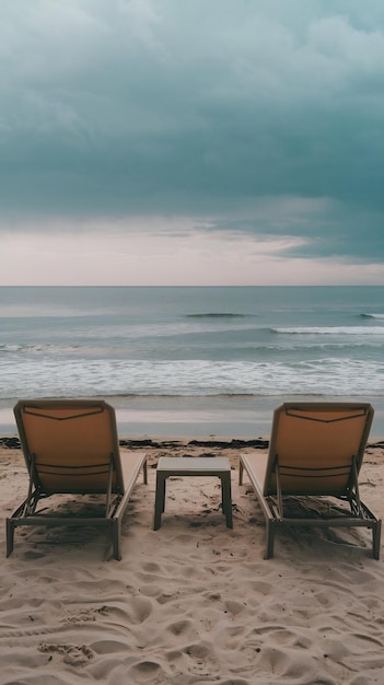 Photo a beach scene with two lounge chrs and a view of the ocean