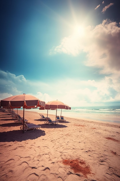 A beach scene with umbrellas and chairs on a sunny day.