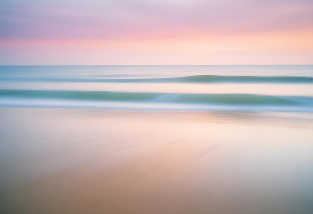 Photo a beach scene with a wave breaking on the sand and a pink sunset in the background