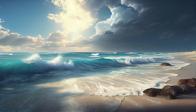 A beach scene with a wave breaking on the sand.