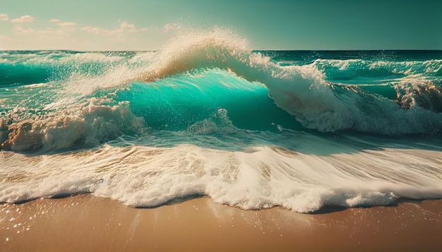 A beach scene with a wave breaking on the sand.