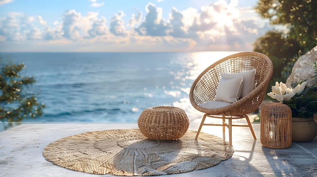 A beach scene with a wicker chair and a round rug The chair is facing the ocean and the rug is placed in front of it Scene is relaxing and peaceful