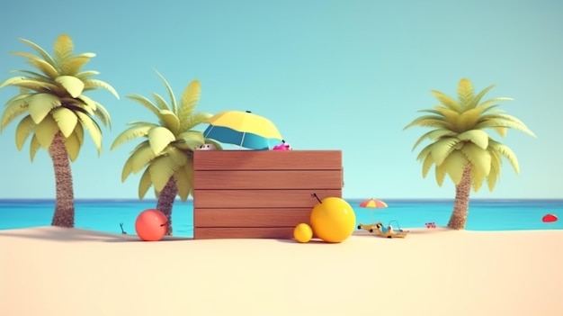 A beach scene with a wooden box and a beach scene.