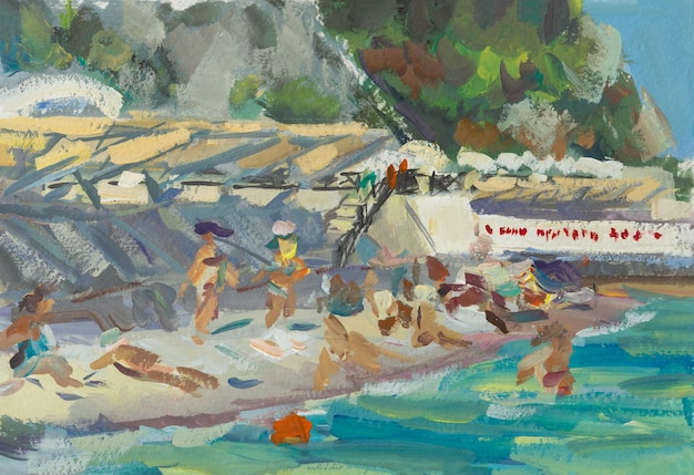 Beach sea summer people gouache painting