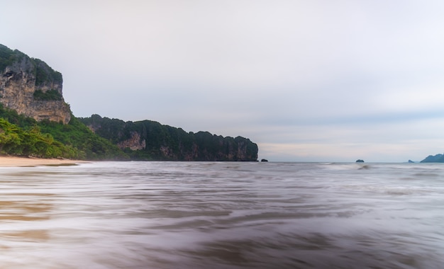 Beach sea sunset or sunrise with colorful of sky and cloud with sunlight in twilight long exposure