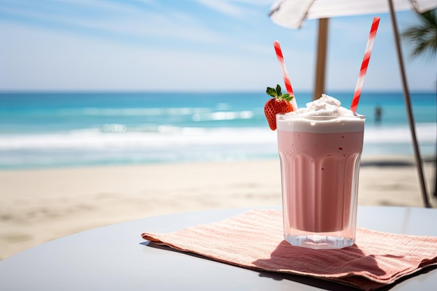 A beach setting with a refreshing strawberry milkshake