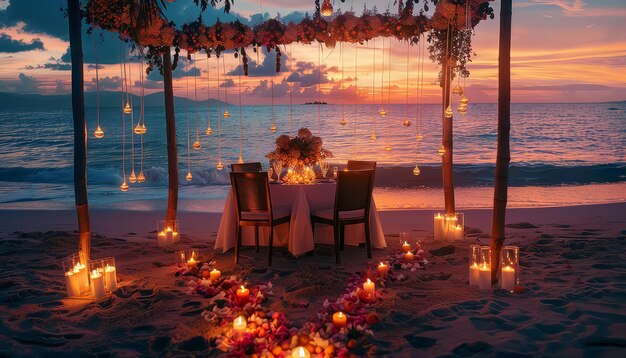 A beach setting with a romantic dinner under a canopy of lights