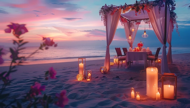 Photo a beach setting with a romantic dinner under a canopy of lights