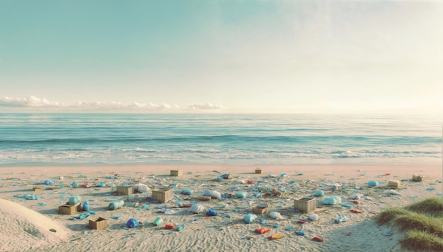 A beach strewn with litter against a calm ocean and clear sky