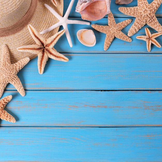 Beach summer starfish background blue wood