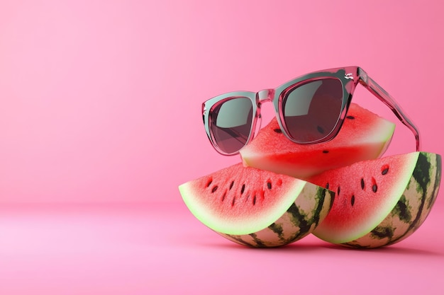 Photo beach sunglasses concept with watermelon on pink background