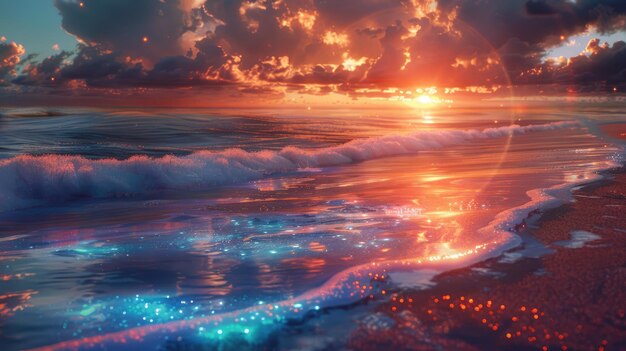 A beach at sunset with bioluminescent waves creating a mesmerizing and serene landscape aig