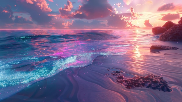 A beach at sunset with bioluminescent waves creating a mesmerizing and serene landscape aig