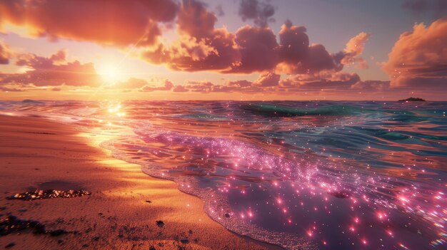 Photo a beach at sunset with bioluminescent waves creating a mesmerizing and serene landscape aig