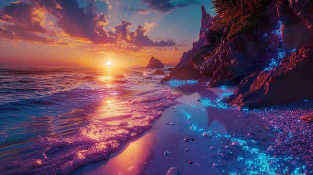 A beach at sunset with bioluminescent waves creating a mesmerizing and serene landscape aig