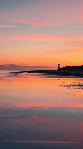 Photo beach sunset with lighthouse silhouette