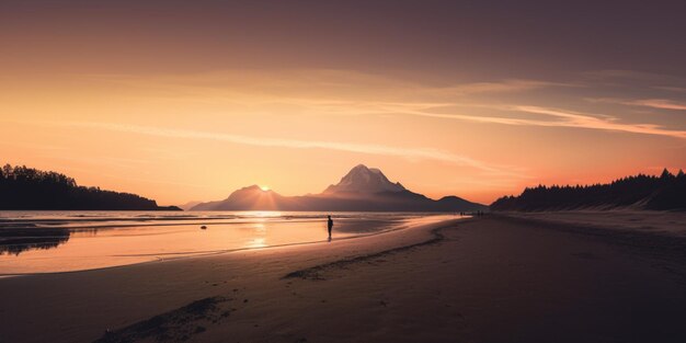 A beach at sunset with mountains in the background