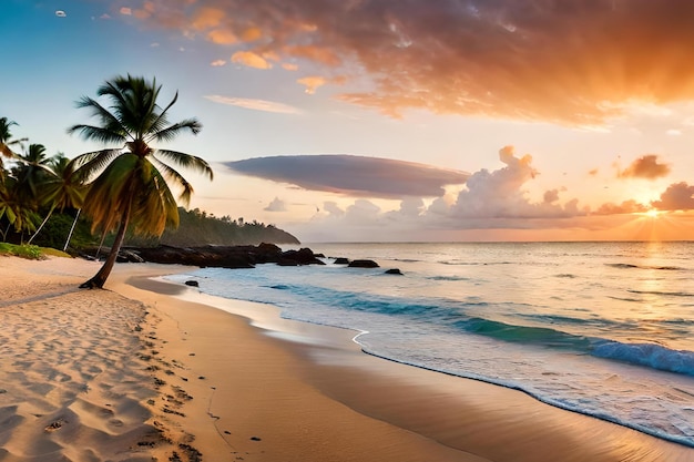 A beach at sunset with a palm tree on the beach