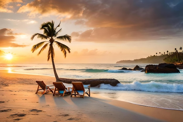 A beach at sunset with a palm tree in the foreground and a beach chair on the sand.