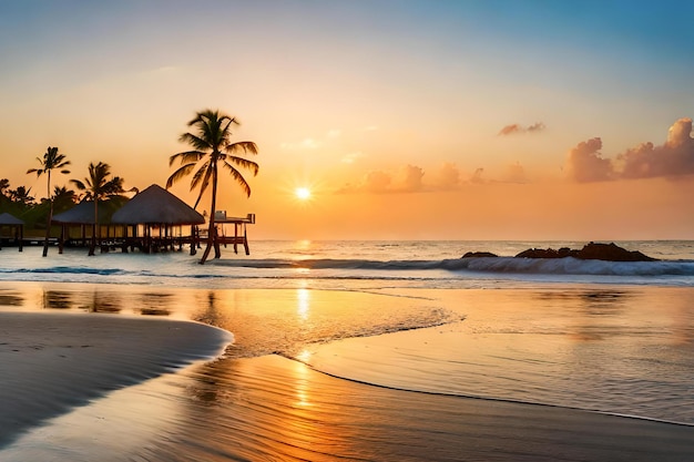 A beach at sunset with a palm tree in the foreground