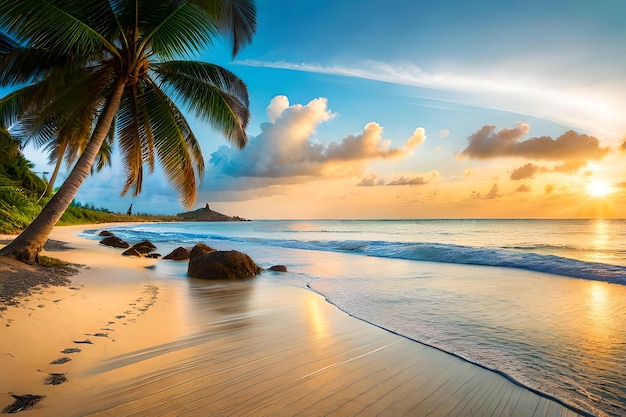 Photo a beach at sunset with a palm tree in the foreground