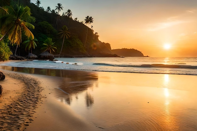 A beach at sunset with a palm tree in the foreground