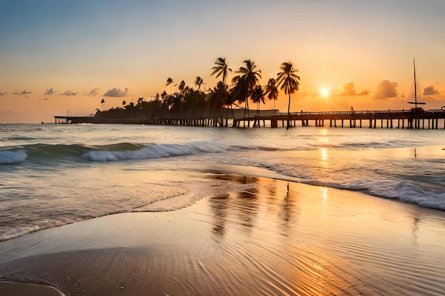 A beach at sunset with palm trees in the foreground and a pier in the background.