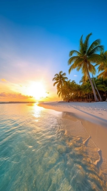 A beach at sunset with palm trees in the foreground