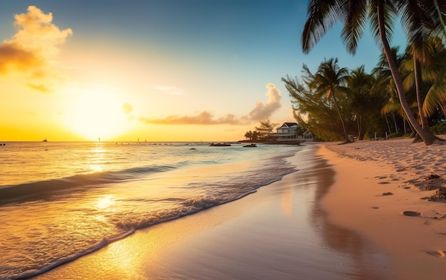 A beach at sunset with palm trees and a house in the background