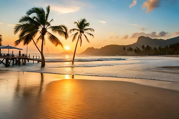 A beach at sunset with palm trees and mountains in the background