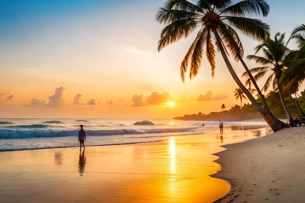 A beach at sunset with palm trees and people walking on the sand