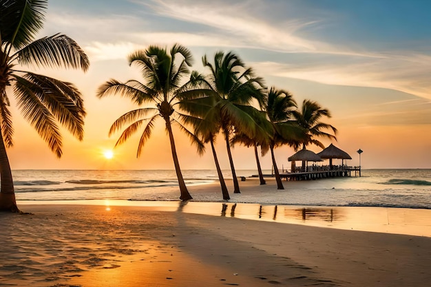 A beach at sunset with palm trees and a pier in the foreground.