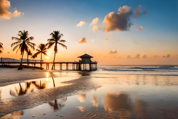 A beach at sunset with palm trees and a pier