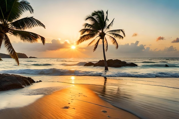 A beach at sunset with palm trees on the sand and the sun setting behind it