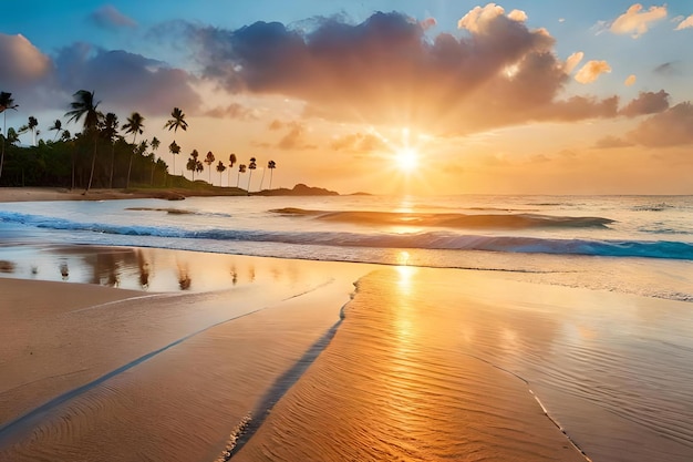 A beach at sunset with palm trees on the sand