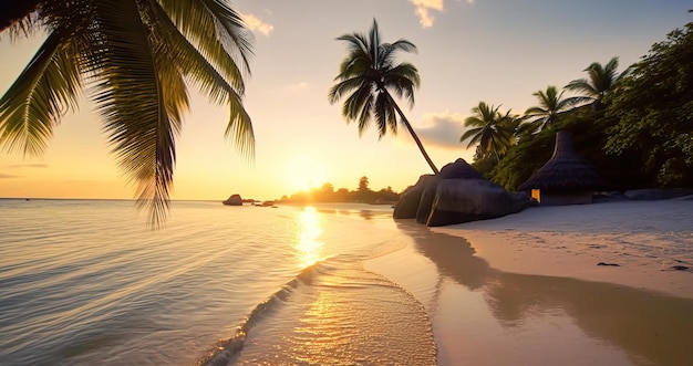 A beach at sunset with palm trees and the sun setting