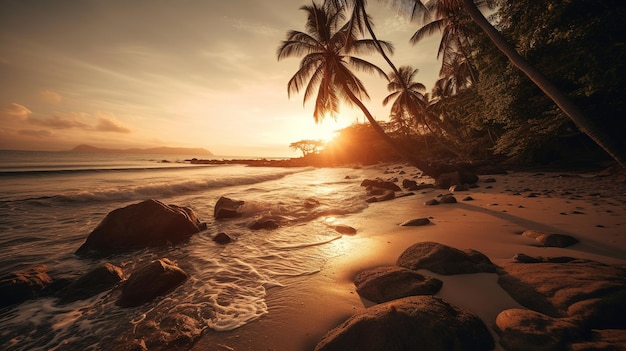 A beach at sunset with palm trees and the sun setting