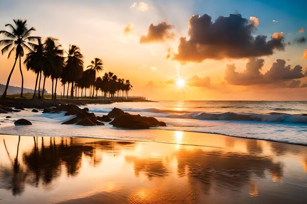 A beach at sunset with palm trees and the sun setting