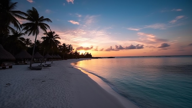 A beach at sunset with palm trees and the sun setting