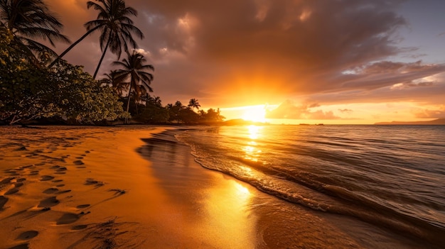 A beach at sunset with palm trees and a sunset in the background