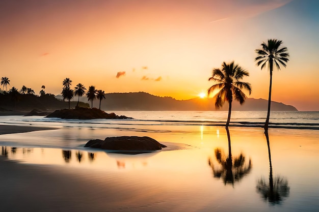 A beach at sunset with palm trees and a sunset in the background