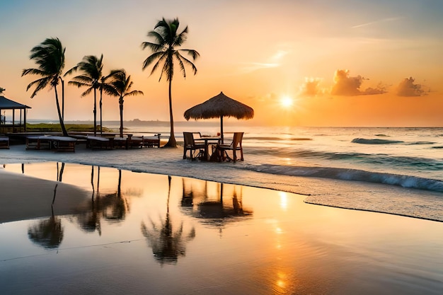 A beach at sunset with palm trees and a sunset in the background