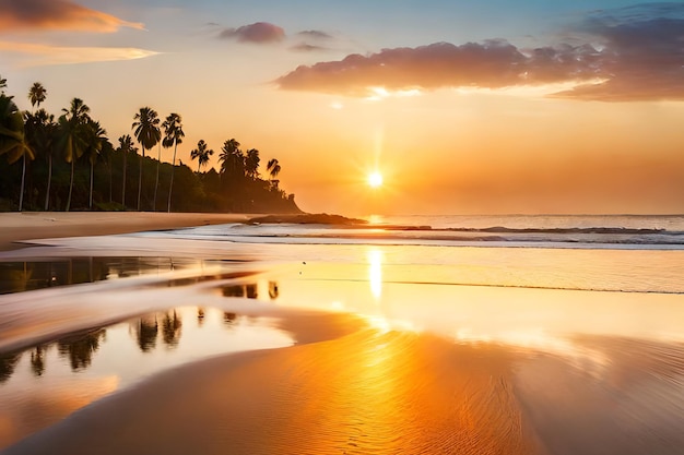 A beach at sunset with palm trees and a sunset in the background.